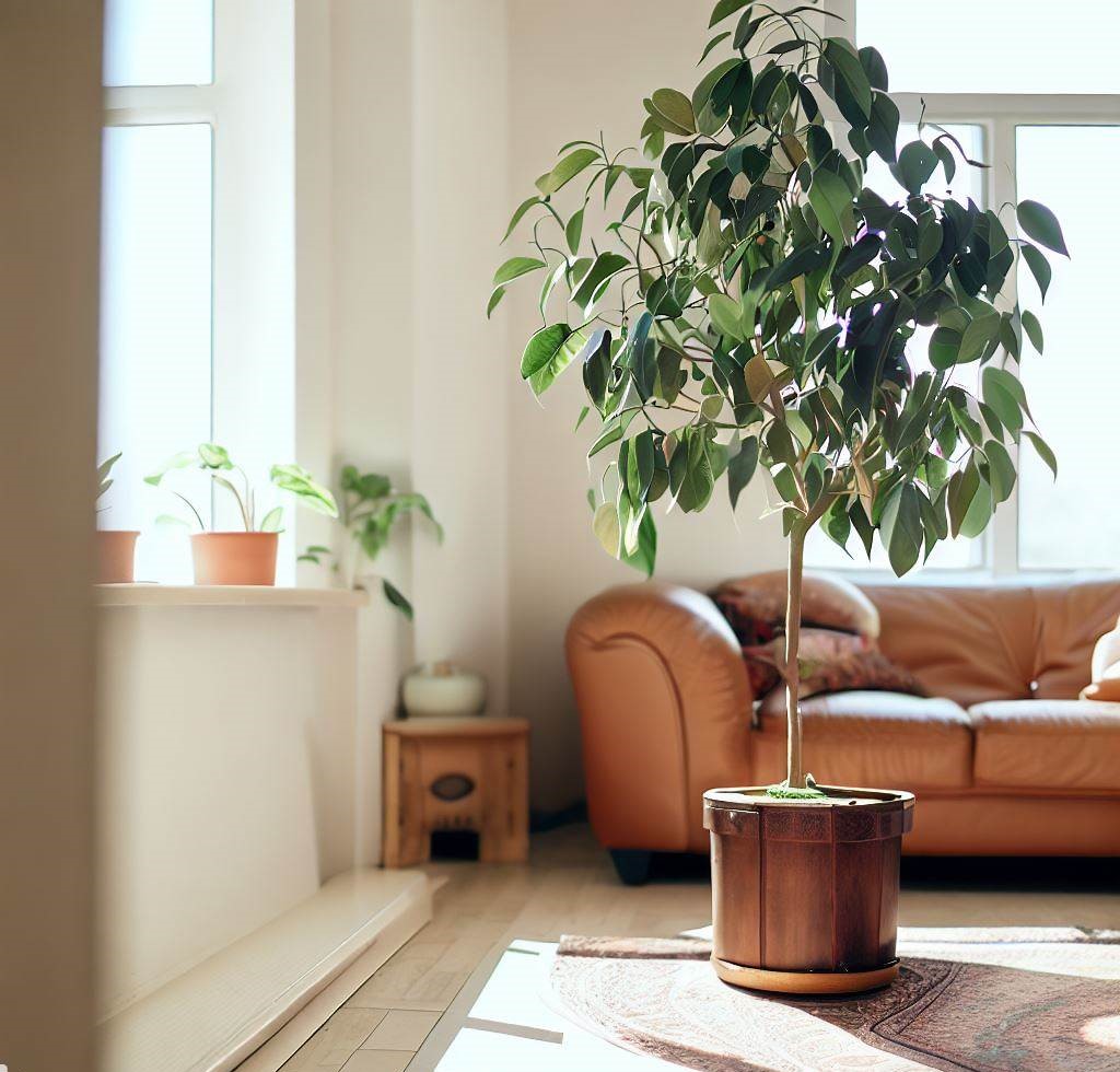 Una planta de Ficus benjamina en una maceta en una esquina de una sala de estar.