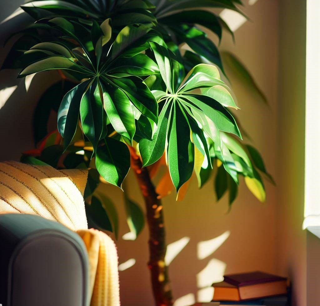 Una vibrante planta de schefflera colocada junto a un acogedor rincón bañado por el sol. Las hojas verdes y brillantes de schefflera crean un ambiente exuberante y acogedor, perfecto para relajarse y reflexionar.