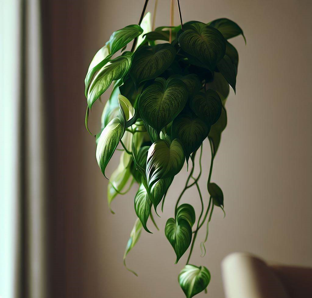 Una exuberante planta Pothos que cae en cascada con gracia desde una maceta colgante en una sala de estar bien iluminada.