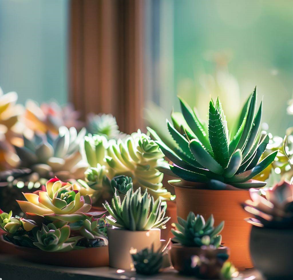 Un arreglo encantador de diferentes plantas suculentas exhibidas en un alféizar iluminado por el sol.