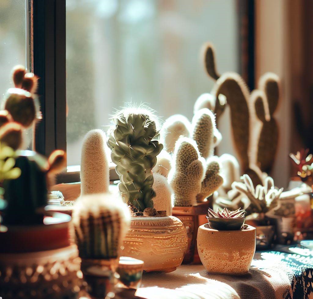 Una colección de encantadores cactus exhibidos en el alféizar de una ventana.