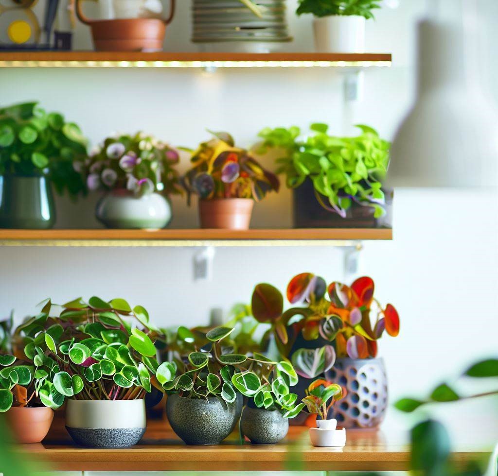 Una colección de plantas de Peperomia dispuestas en un estante elegante en una cocina luminosa.
