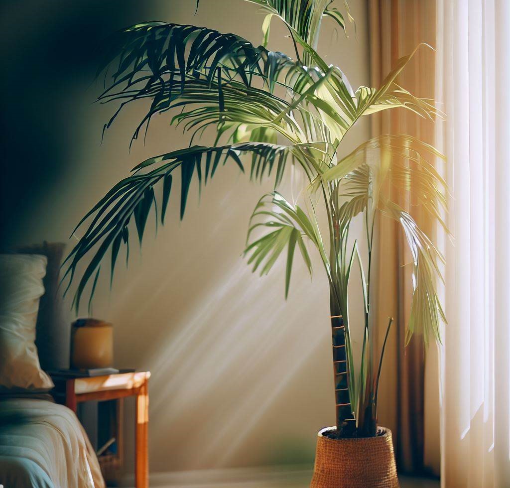 Una exuberante palma de bambuú adorna un rincón soleado de un dormitorio de inspiración tropical