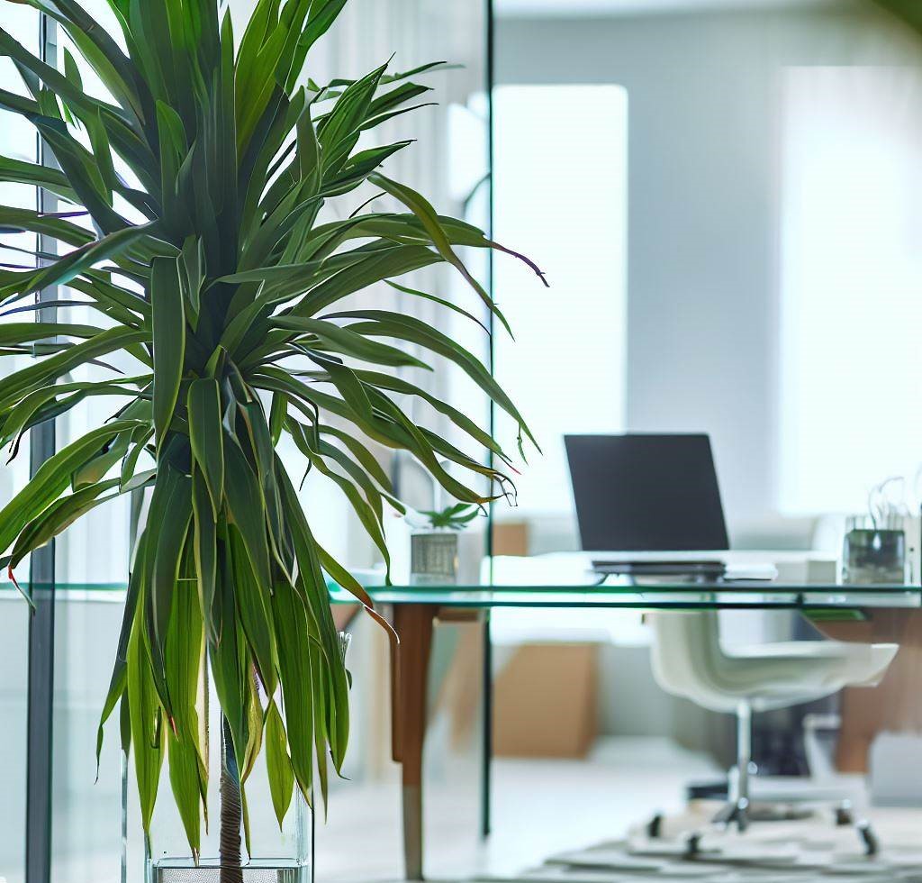 Una planta Dracaena colocada cerca de un escritorio contemporáneo en una oficina en casa.