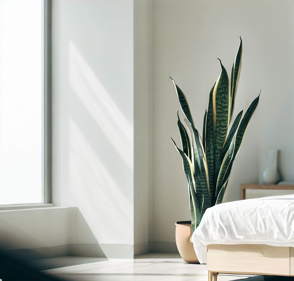 Una planta de Sansevieria se yergue en un dormitorio minimalista, colocada cerca de una ventana soleada.