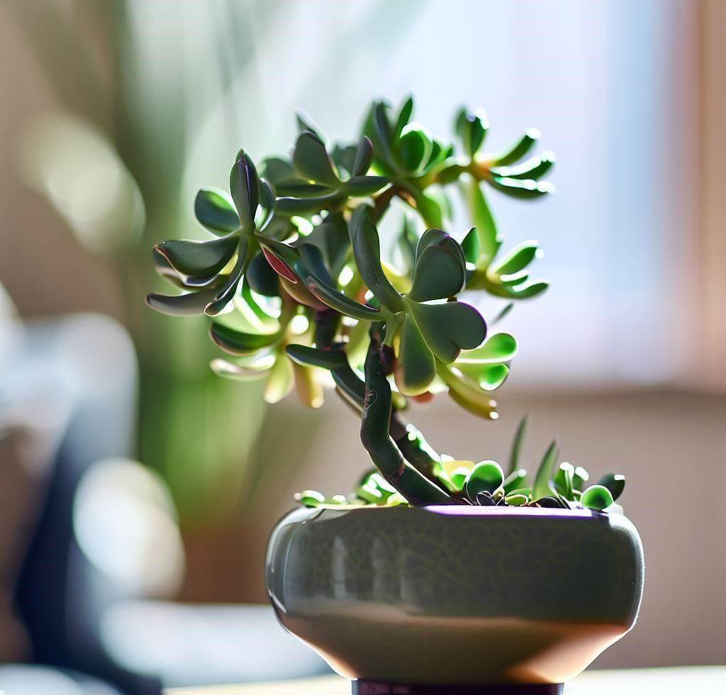 Una planta de jade prospera en un rincón soleado de una sala de estar bien decorada.