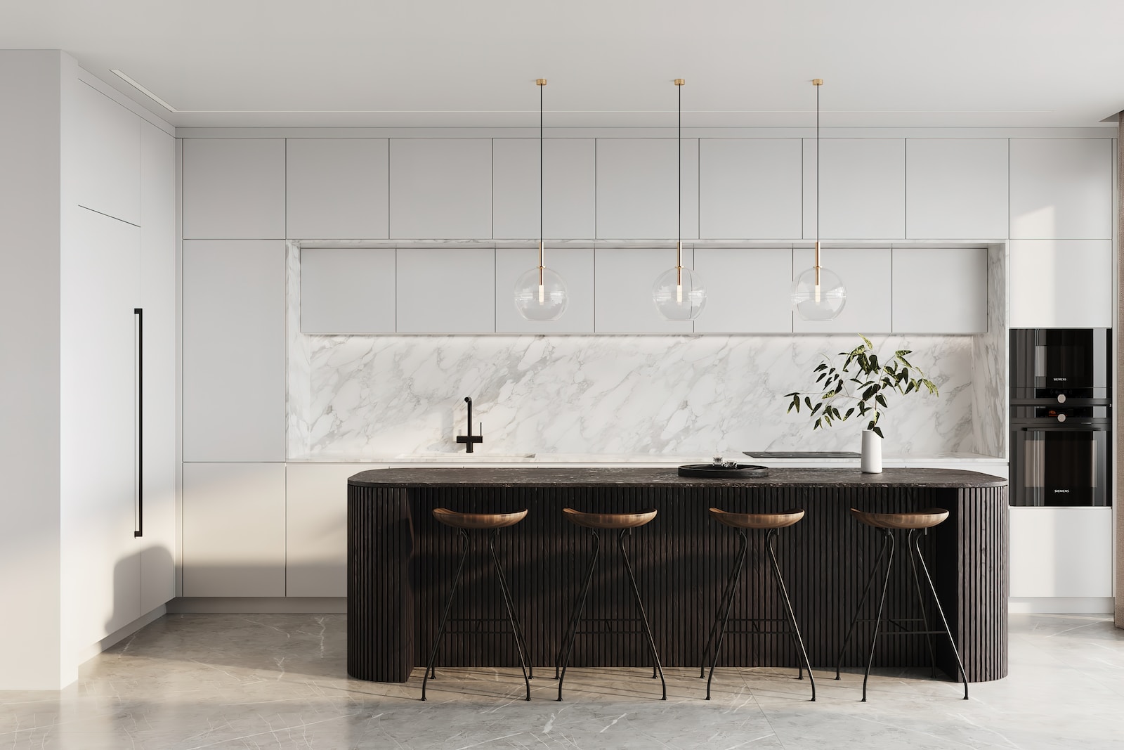 a kitchen with marble counter tops and bar stools