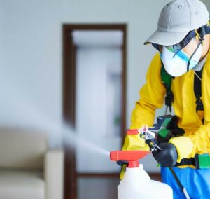 Trabajador de control de plagas con bomba pulverizador para rociar pesticidas en la casa